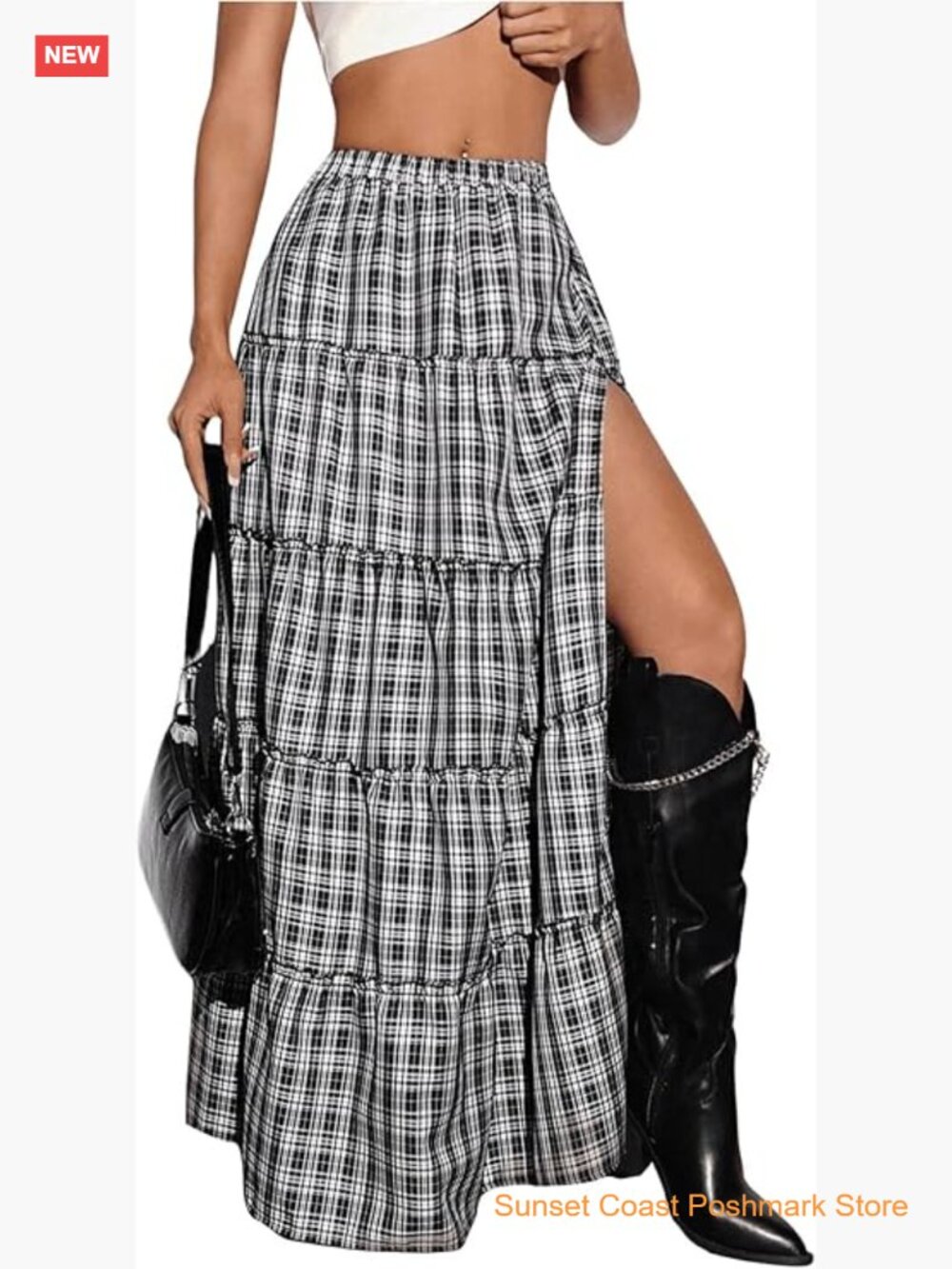 Plaid Maxi Skirt High Slit A Line Flowy Tiered Ruffle Y2k Vintage Long Skirt
